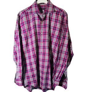 Peter Millar 100% Cotton Purple Blue Black Plaid Long Sleeve Botton Down Mens M
